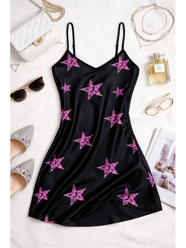 Yıldız Desenli Siyah Askılı Saten Gecelik&hellip;