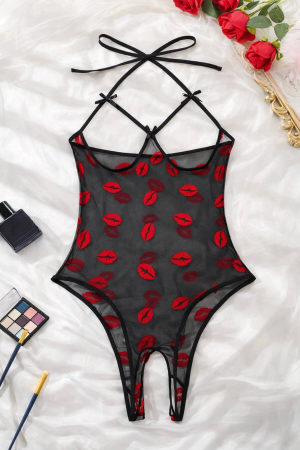 Öpücük Desenli Transparan Siyah Fantazi İç Giyim T...