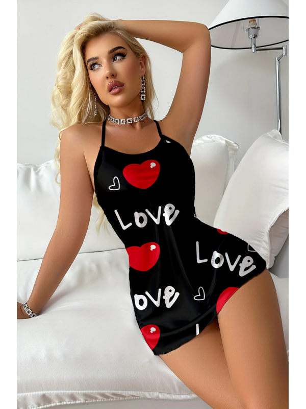 Aşk Temalı Kalp Desenli Siyah Saten Gecelik&hellip;