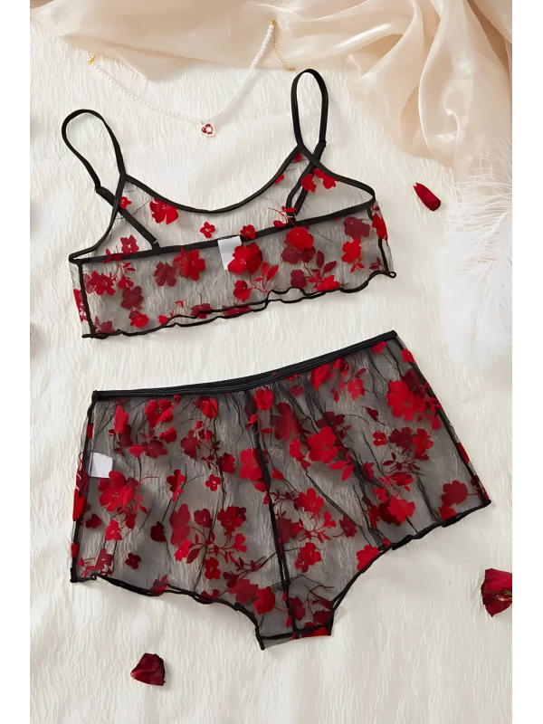 Çiçek Desenli Siyah Transparan Şortlu Gecelik TM1377&hellip;