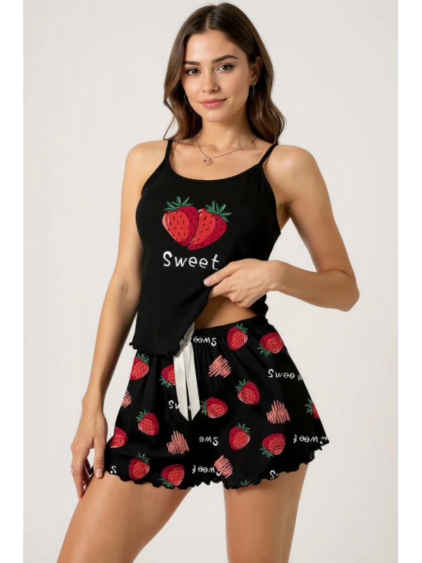 Çilek Baskılı Siyah Askılı Şortlu Pijama Takımı&hellip;