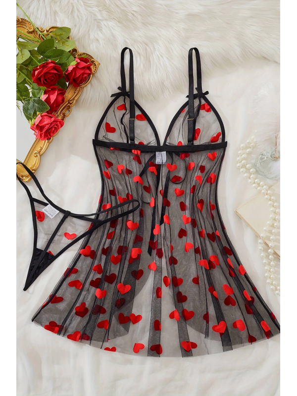 Kalp Desenli Siyah Transparan Gecelik TM1378&hellip;