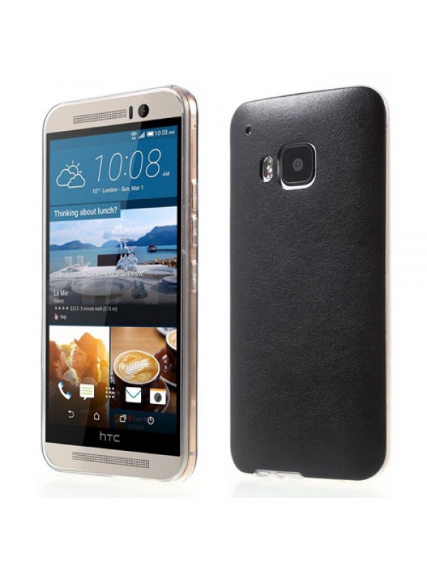 HTC One M9 Kılıf Deri Dokulu Arka Kapak Siyah