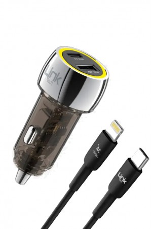 LinkTech C438 55W Dual PD30W + QC25W Şeffaf Araç Şarj Aleti Type-C to Lightning Kablo Set