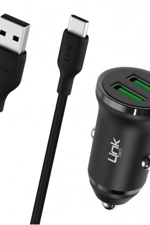 LinkTech C483e 12W 2x USB + Type-C USB Kablo Araç İçi Şarj Aleti Set Siyah