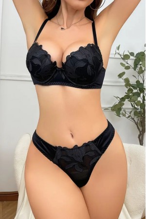 Lili Çiçeği Nakışlı Siyah Seksi Rahat Push-Up Sütyen…