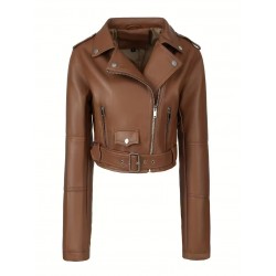  Fermuar Kapanışlı Kahverengi Şık Motosiklet Ceketi